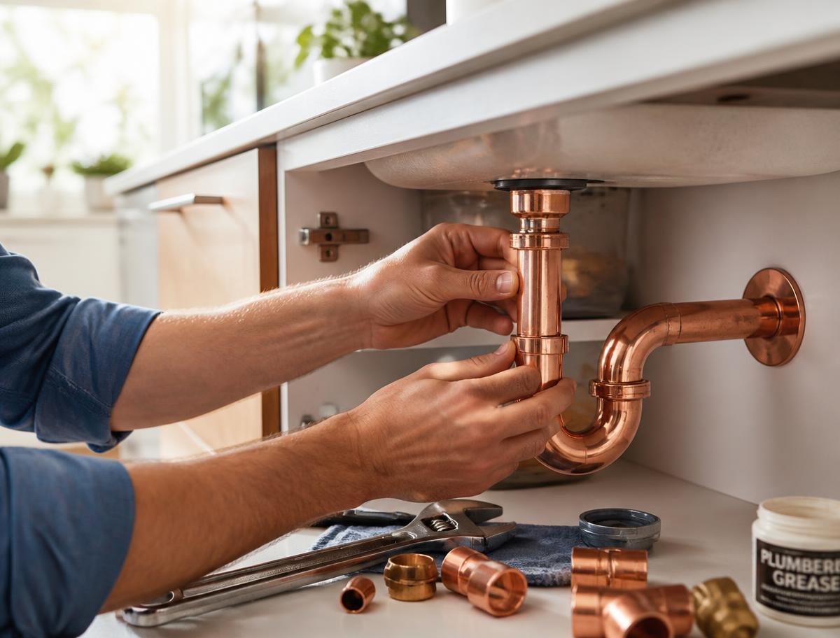 Licensed plumber installing copper pipework under a sink